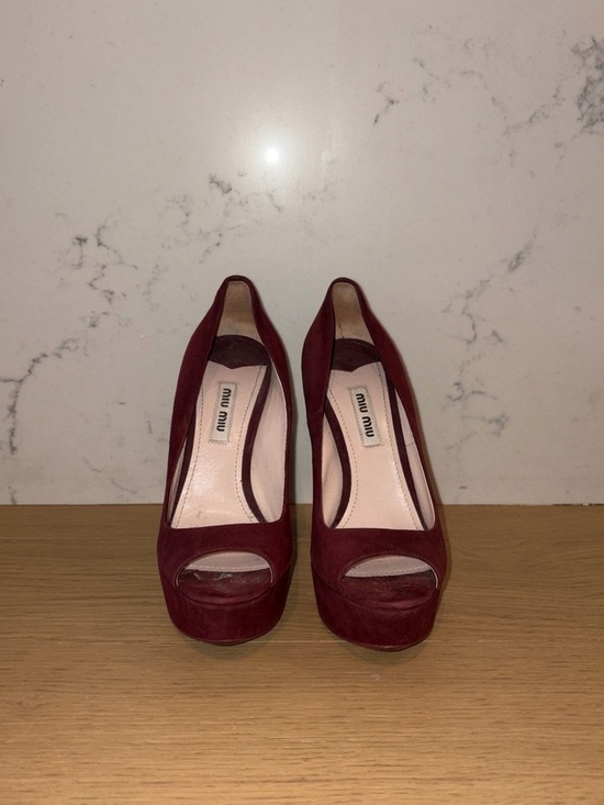 Miu Miu Shoes - Miu Miu Burgundy Suede Peep-Toe Platform Heels